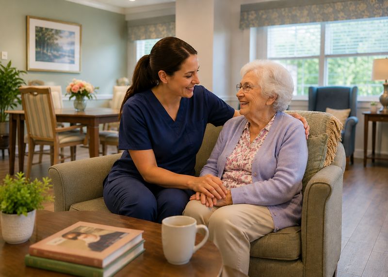 Caring staff with resident at The Waters of Huntington